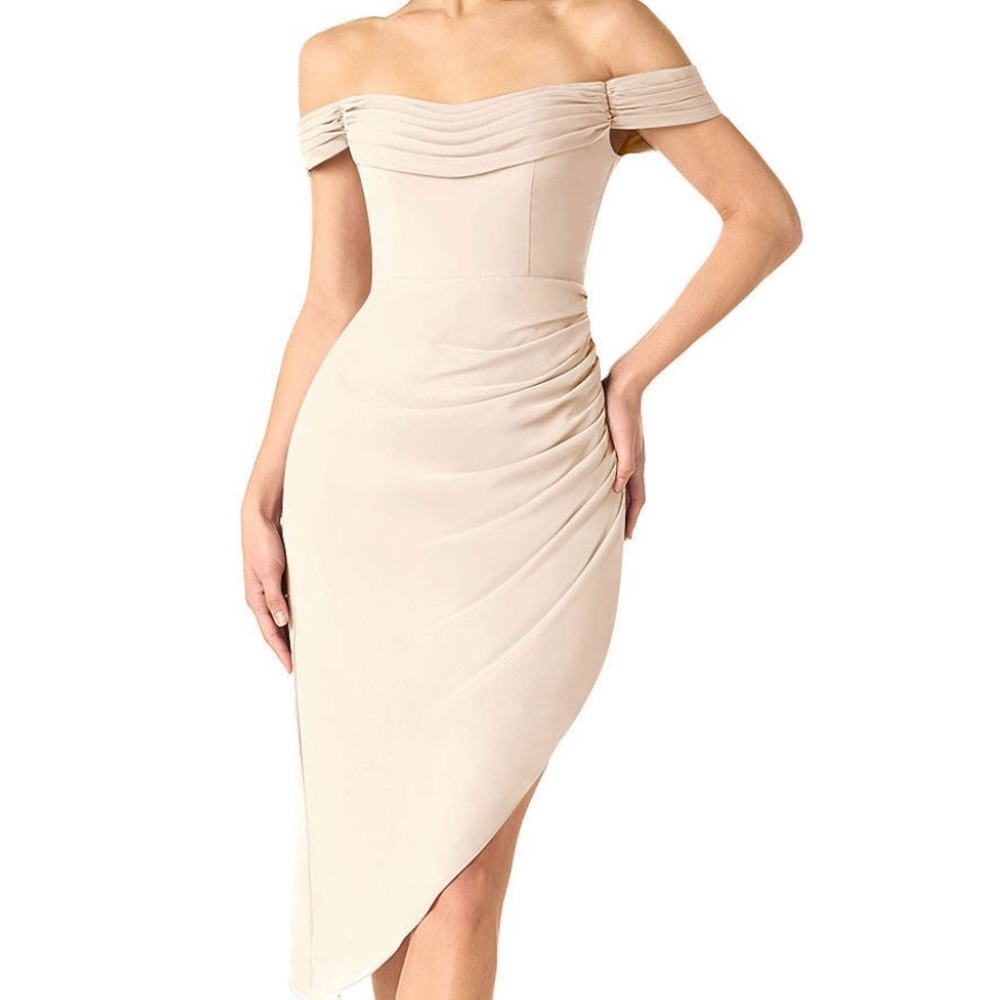 Azazie Giada White Alabaster Fitted Off the Shoulder Chiffon Dress